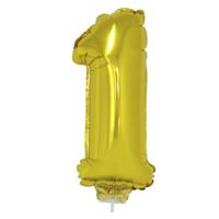 Gouden opblaas cijfer ballon - 1 jaar - op stokje - H41 cm - Leeftijd versiering