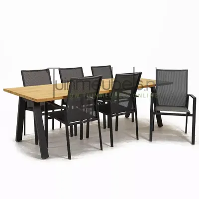 Tuinstoel Delia grijs hoge rug met Ambassador 240 cm teaktafel