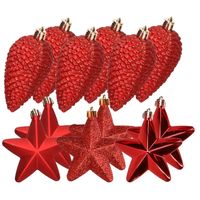 Dennenappels en sterren kerstornamenten - 12 stuks - kunststof - rood - Kersthangers