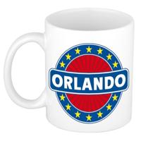 Orlando voornaam koffiemok - beker - wit/blauw - 300 ml - Cadeau - Heren - Collega - Vaderdag