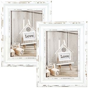 2x stuks houten fotolijst vintage wit met metalen ophangketting geschikt voor een foto van 13x18 cm