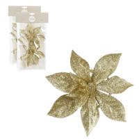 Kerstboom bloemen op clip - 4x stuks - goud - 15 cm - polystyreen - kerstornamenten - thumbnail