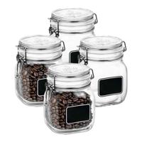 Voorraad/weckpot - 4x - transparant - glas - 13,6 x 10,6 cm - 750 ml - krijtplaatje - Bormioli Rocco