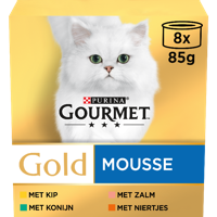 Gourmet Gold Mousse met Kip, Zalm, Niertjes en Konijn natvoer kat 8 x 85 gr
