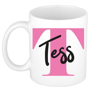 Naam mok Tess - roze - wit - keramiek - 300 ml - verjaardag/cadeau beker