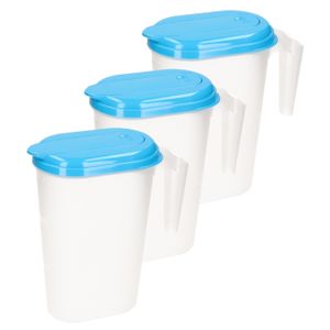 3x stuks waterkan/sapkan transparant/blauw met deksel 1.6 liter kunststof