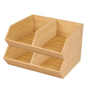 Stapelbare opbergmand 2 vaks - 2x - L35 x B31 x H12 cm - bamboe hout - lichtbruin - organizer