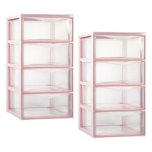 Ladeblokje/bureau organizer - 2x - 4 lades - transparant/roze - L26 x B37 x H49 cm - plastic