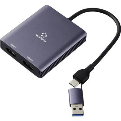 Renkforce RF-6418198 USB-C / HDMI Adapter [1x USB-A, USB-C - 2x HDMI] Grijs 4K UHD 15 cm