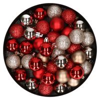 Kleine kunststof kerstversiering 40x stuks set en 3 cm kerstballen in het champagne en rood - thumbnail