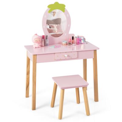 2-in-1 Kinder Kaptafel Set Kinderen Houten Kaptafel Set met Krukje Spiegel in Aardbeivorm & Praktische Lade Roze