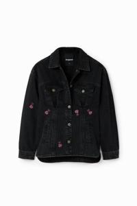 Denim truckerjack met bloemen - BLACK - L