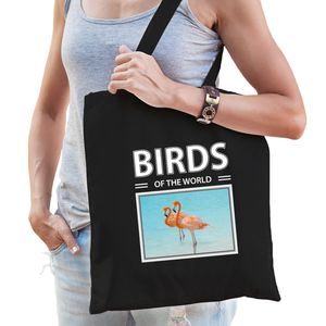 Katoenen tasje Flamingos zwart - birds of the world Flamingo cadeau tas