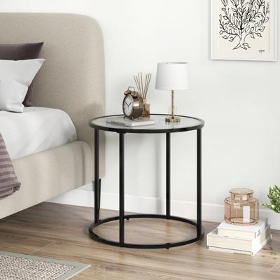 50cm Ronde Glazen Bijzettafel met Metalen Frame en Marmerlook Glazen Blad Moderne Bijzettafel Zwart en Wit
