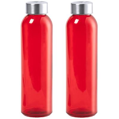 Glazen waterfles/drinkfles/sportfles -2x - rood transparant - met RVS dop - 500 ml
