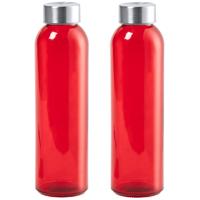 Glazen waterfles/drinkfles/sportfles -2x - rood transparant - met RVS dop - 500 ml