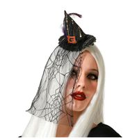Halloween heksenhoed - mini hoedje op diadeem - one size - zwart - met sluier - meisjes/dames