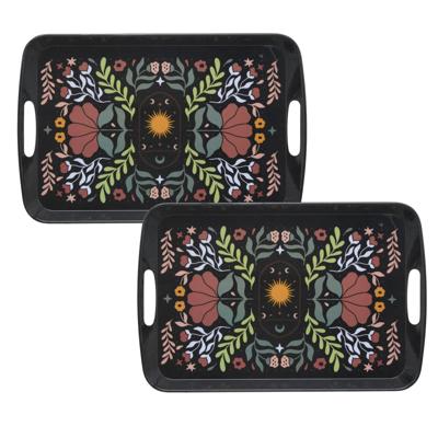 5Five Designer dienbladen van melamine - 2x - 39 x 26 x 2 cm - flowers print zwart