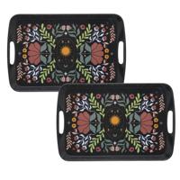 5Five Designer dienbladen van melamine - 2x - 39 x 26 x 2 cm - flowers print zwart