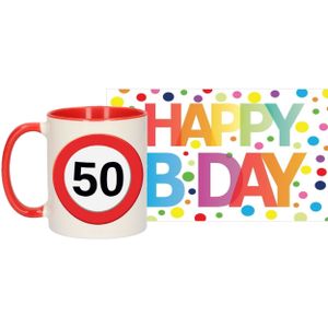 Verjaardag cadeau mok/beker 50 jaar print 300 ml + A5-size wenskaart Happy Birthday