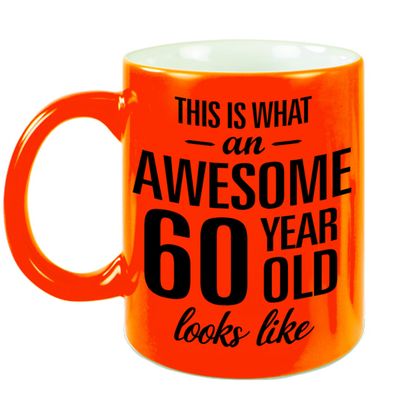 Awesome 60 year cadeau mok / beker neon oranje 330 ml Awesome 60 year cadeau mok / beker neon oranje 330 ml