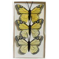 Decoris decoratie vlinders op draad - 3x - geel - 8 x 6 cm - Hobbydecoratieobject - thumbnail