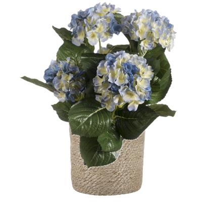Kunstplant met plantenmand - Hortensia hdrangea - blauw - rotan pot - bruin