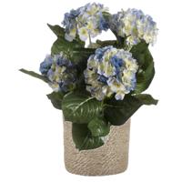 Kunstplant met plantenmand - Hortensia hdrangea - blauw - rotan pot - bruin