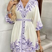 Bon&Bon Apricot Paisley V-Neck A-Line Dress with Lantern Sleeves Mauve Purple / M