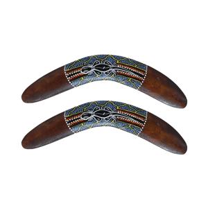 Wanddecoratie Boomerang ornament - 2x - hout - 40 cm - bruin met print - Australie thema