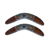 Wanddecoratie Boomerang ornament - 2x - hout - 40 cm - bruin met print - Australie thema Wanddecoratie Boomerang ornament - 2x - hout - 40 cm - bruin met print - Australie thema
