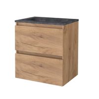 Badmeubelset Aquasplash Salt 60x46 cm Greeploos 2 Lades Met Wastafel Hardsteen 1 Kraangat Whisky Oak Aquasplash