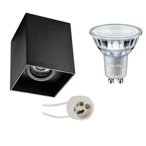 Opbouwspot Set - Pragmi Luxina Pro - GU10 Fitting - Opbouw Vierkant - Mat Zwart - Verdiept - Kantelbaar - 90mm - Philips