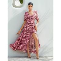 Dames Resortkleding Lange jurk maxi-jurk Blozend Roze Korte mouw Meetkundig Trekkoord Lente zomer V-hals Strandvakantie XS S M - thumbnail