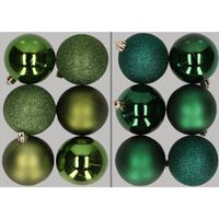 12x stuks kunststof kerstballen mix van appelgroen en donkergroen 8 cm