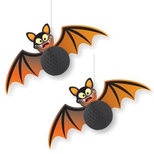 2x stuks halloween thema hangende vleermuis decoratie zwart/oranje 30 cm