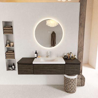 MONDIAZ BUKLA 160cm badmeubel met module 40 kleur Dark Brown met 3 lades. Wastafel CLOUD midden 1 kraangat kleur Talc. MONDIAZ BUKLA 160cm badmeubel met module 40 kleur Dark Brown met 3 lades. Wastafel CLOUD midden 1 kraangat kleur Talc.