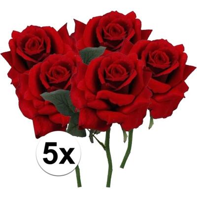 Kunstbloem Roos de luxe - 5x - rood - 30 cm - kunststof steel - decoratie bloemen