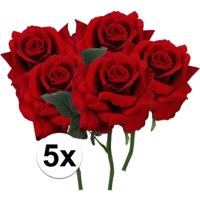 Kunstbloem Roos de luxe - 5x - rood - 30 cm - kunststof steel - decoratie bloemen