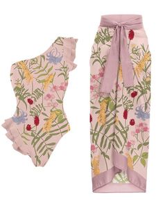 Vacation Plants Printing One Shoulder One Piece With Cover Up