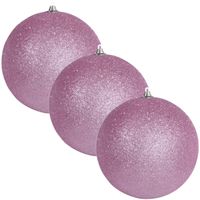 4x Roze grote kerstballen met glitter kunststof 13,5 cm - thumbnail