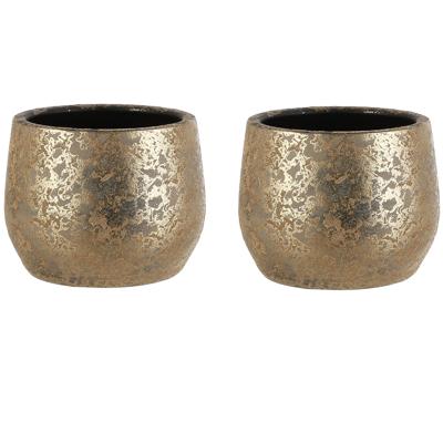 Mica Decorations Bloempot - Set van 2x stuks - goudkleurig - keramiek - 19 x 15 cm