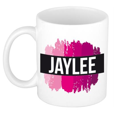 Jaylee naam cadeau koffie mok - beker - met roze verfstrepen - Cadeau collega - moederdag