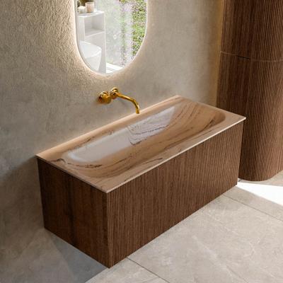 Badmeubel Mondiaz Kurve-Dlux | 100 cm | Meubelkleur Walnut | Wastafelkleur Arena | Solid surface | Wasbak midden spoelbak | Zonder kraangat(en)