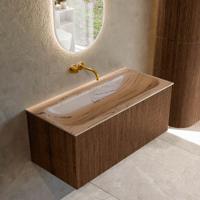 Badmeubel Mondiaz Kurve-Dlux | 100 cm | Meubelkleur Walnut | Wastafelkleur Arena | Solid surface | Wasbak midden spoelbak | Zonder kraangat(en)