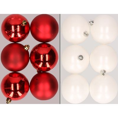 12x stuks kunststof kerstballen mix van rood en wit 8 cm