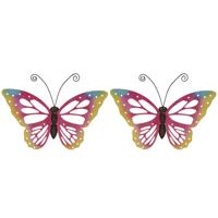 Decoris Grote muurvlinder - Set van 3x stuks - roze - 51 x 38 cm - tuindecoratie - tuinvlinder