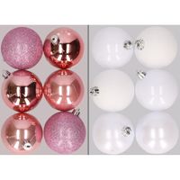12x stuks kunststof kerstballen mix van roze en wit 8 cm   -