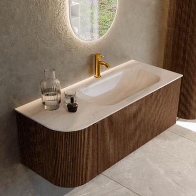 Badmeubel Mondiaz Kurve-Dlux | 115 cm | Meubelkleur Walnut | Wastafelkleur Meli | Solid surface | Wasbak rechter zijde spoelbak | 1 kraangat