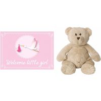 Kraamcadeau beren knuffel 17 cm met Welcome little girl wenskaart /ansichtkaart   -